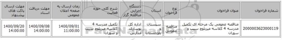 مناقصه عمومی یک مرحله ای تکمیل مدرسه 4 کلاسه میربلوچ سیب و سوران