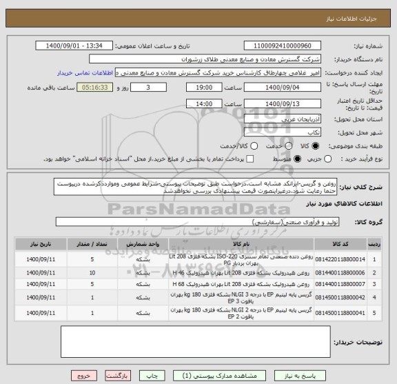استعلام روغن و گریس-ایرانکد مشابه است.درخواست طبق توضیحات پیوستی-شرایط عمومی ومواردذکرشده درپیوست حتما رعایت شود.درغیراینصورت قیمت پیشنهادی بررسی نخواهدشد
