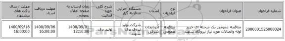 مناقصه عمومی یک مرحله ای خرید لوله واتصالات مورد نیاز نیروگاه سهند 