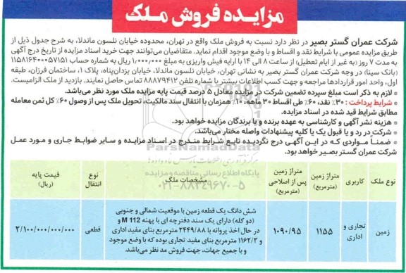 مزایده مزایده فروش ملک کاربری تجاری و اداری