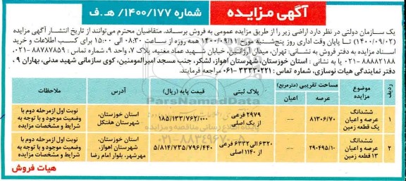 مزایده مزایده فروش اراضی قطعه زمین 81306.70 و 290495.10 مترمربع