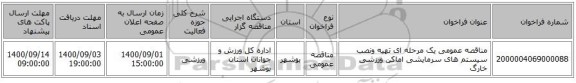 مناقصه عمومی یک مرحله ای تهیه ونصب سیستم های سرمایشی اماکن ورزشی خارگ