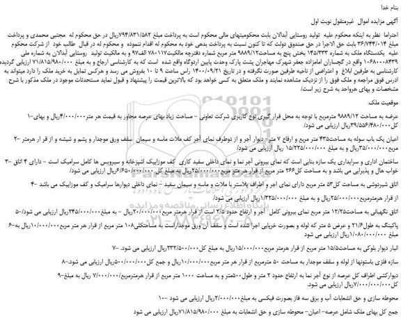 مزایده یکدستگاه ملک به شماره 145/333