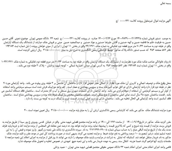 مزایده ششدانگ یک دستگاه آپارتمان