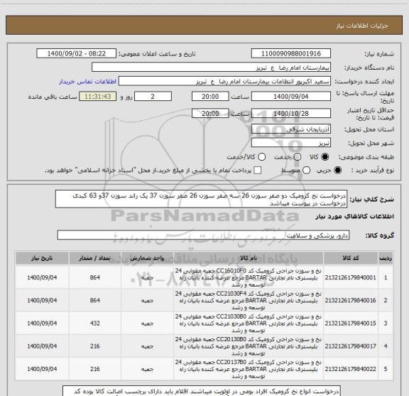 استعلام درخواست نخ کرومیک دو صفر سوزن 26 سه صفر سوزن 26 صفر سوزن 37 یک راند سوزن 37و 63 کبدی درخواست در پیوست میباشد 