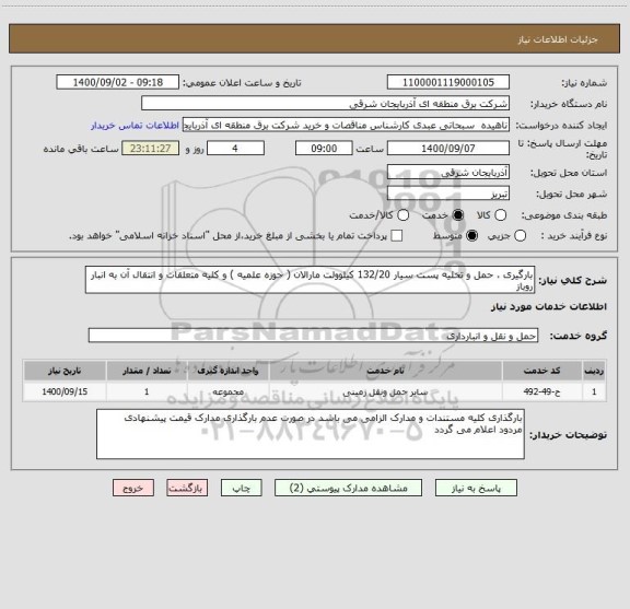 استعلام بارگیری ، حمل و تخلیه پست سیار 132/20 کیلوولت مارالان ( حوزه علمیه ) و کلیه متعلقات و انتقال آن به انبار روباز
