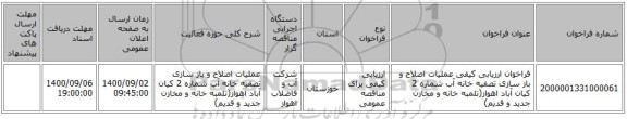 فراخوان ارزیابی کیفی عملیات اصلاح و باز سازی تصفیه خانه آب شماره 2 کیان آباد اهواز(تلمبه خانه و مخازن جدید و قدیم)