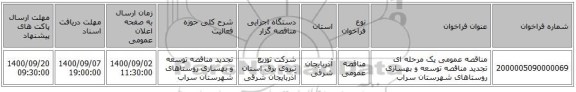 مناقصه عمومی یک مرحله ای تجدید مناقصه توسعه و بهسازی روستاهای شهرستان سراب