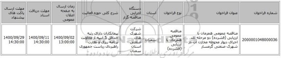 مناقصه عمومی همزمان با ارزیابی (فشرده) دو مرحله ای اجرای دیوار محوطه مخازن آب در شهرک صنعتی گرمسار