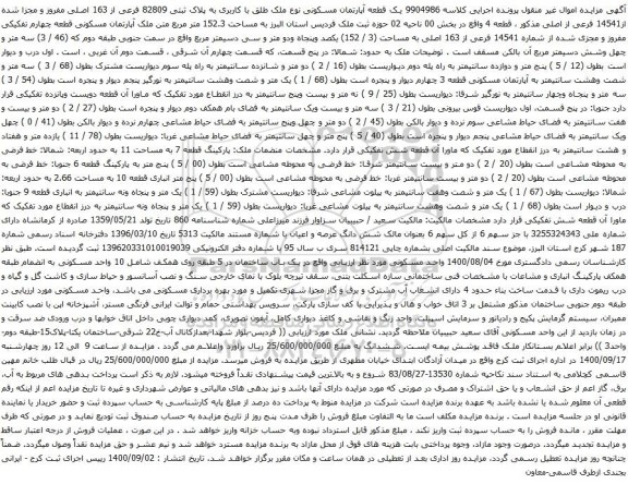 آگهی مزایده یک قطعه آپارتمان مسکونی نوع ملک طلق با کاربری به پلاک ثبتی 82809 فرعی از 163 اصلی