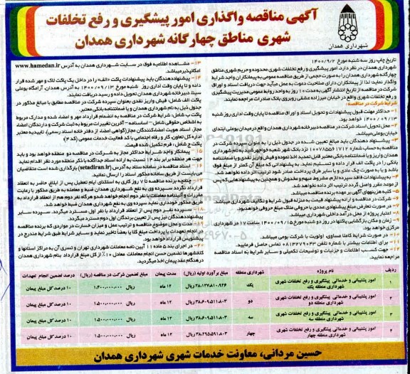 مناقصه، مناقصه امور پشتیبانی و خدمات مدیریت پیشگیری و رفع تخلفات شهری 