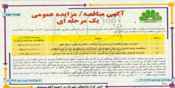 مناقصه زیرسازی و آسفالت مکانیزه معابر سطح شهر ... - نوبت دوم