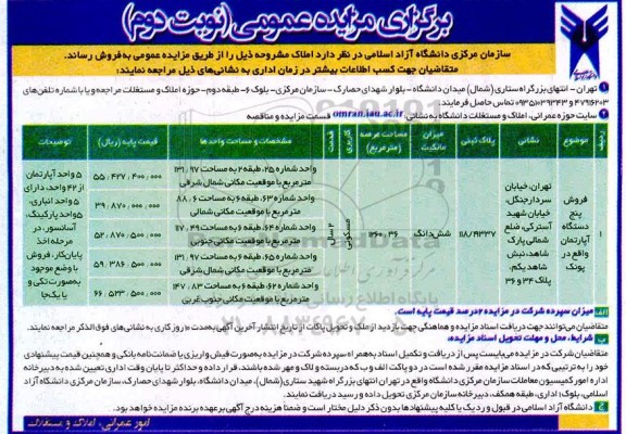 مزایده ، مزایده فروش پنج دستگاه آپارتمان 1260.36 مترمربع نوبت دوم 