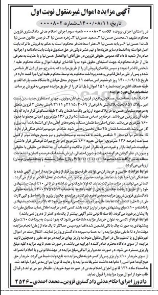 مزایده،مزایده 6 دانگ یکباب ساختمان مسکونی 136 مترمربع نوبت اول