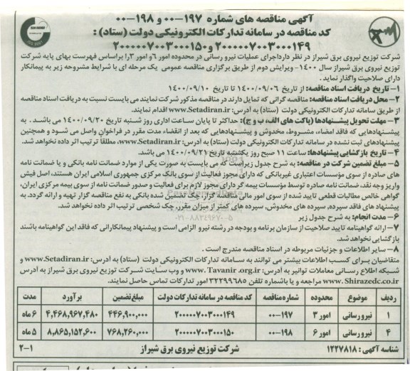 مناقصه اجرای عملیات نیرورسانی