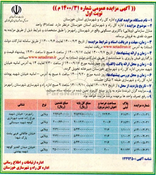 مزایده مزایده فروش 6 واحد منازل سازمانی با کاربری مسکونی نوبت اول 