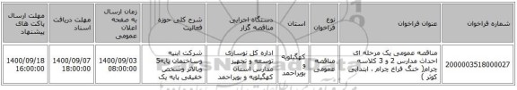 مناقصه عمومی یک مرحله ای احداث مدارس 2 و 3 کلاسه چرام( خنگ فراخ چرام ، ابتدایی کوثر  )