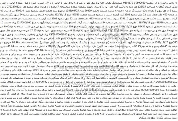 آگهی مزایده ششدانگ یکباب خانه نوع ملک طلق با کاربری به پلاک ثبتی 1 فرعی از 1741 اصلی