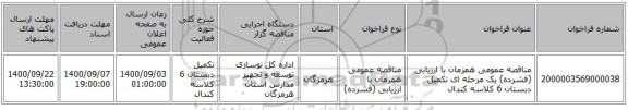مناقصه عمومی همزمان با ارزیابی (فشرده) یک مرحله ای تکمیل دبستان 6 کلاسه کندال