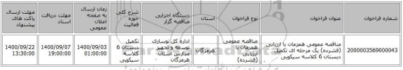مناقصه عمومی همزمان با ارزیابی (فشرده) یک مرحله ای تکمیل دبستان 6 کلاسه سیکویی