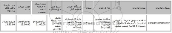 مناقصه عمومی همزمان با ارزیابی (فشرده) یک مرحله ای تکمیل دبستان 6 کلاسه شهید بهشتی 