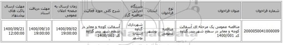 مناقصه عمومی یک مرحله ای  آسفالت کوچه و معابر در سطح شهر بندر گناوه کد 1400/001