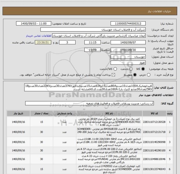 استعلام کلیداتوماتیک100Aتعداد10عددو80Aتعداد15و63Aتعداد15عددوکنتاکتور37KVتعداد30عددو22KVتعداد30عددو18/5KVتعداد30عددو کنترل بار1-160Aتعداد30عدد.کدکالامشابه است.