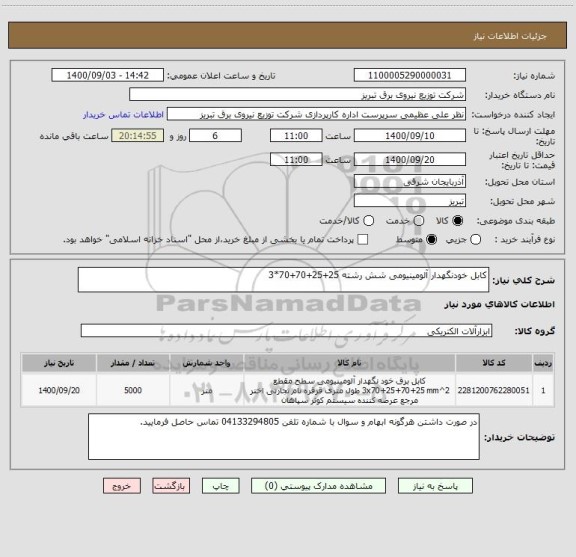 استعلام کابل خودنگهدار آلومینیومی شش رشته 25+25+70+70*3