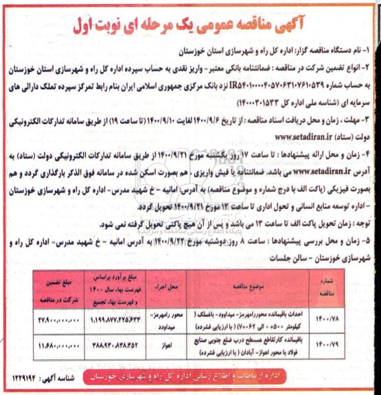 مناقصه احداث باقیمانده محور....