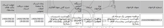 مناقصه عمومی یک مرحله ای نگهداشت تاسیسات ساختمانهای دیالیز و اورژانس بیمارستان امام رضا(ع)