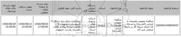 مناقصه عمومی همزمان با ارزیابی (فشرده) دو مرحله ای اجرای شبکه گاز در ناحیه صنعتی صید آباد  