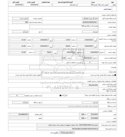 مزایده ، مزایده یک دستگاه پژو 405