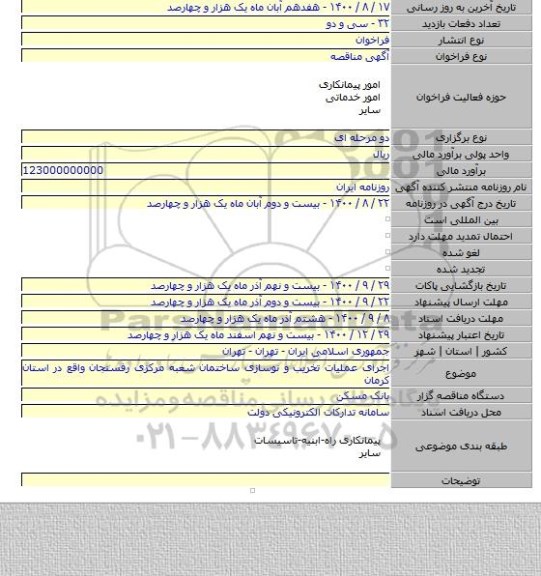 اجرای عملیات تخریب و نوسازی ساختمان شعبه مرکزی رفسنجان واقع در استان کرمان
