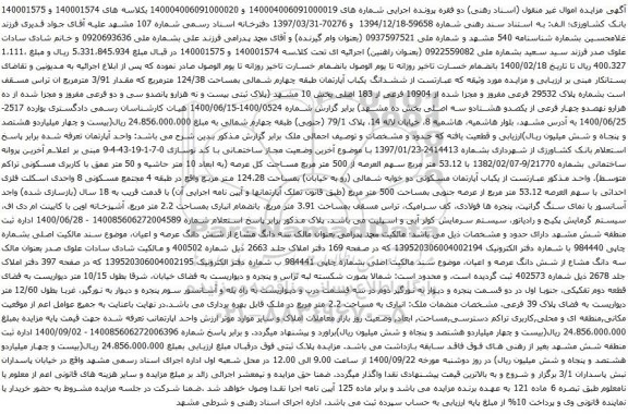 آگهی مزایده ششدانگ یکباب آپارتمان طبقه چهارم شمالی بمساحت 124/38 مترمربع