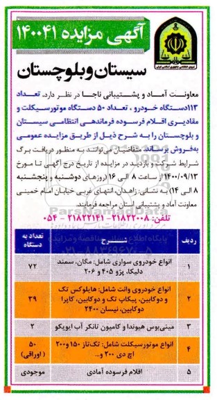 مزایده فروش تعداد 113 دستگاه خودرو و 50 دستگاه موتورسیکلت و مقادیری اقلام فرسوده