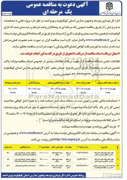 مناقصه واگذاری تهاتر وکیوم باتوم یا قیر با ایزوگام مدارس و...- نوبت دوم