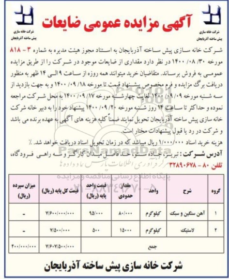 مزایده عمومی، مزایده عمومی فروش مقداری از ضایعات