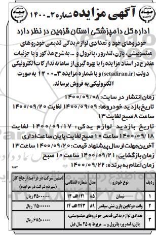 مزایده فروش خودرو و تعدادی لوازم یدکی قدیمی