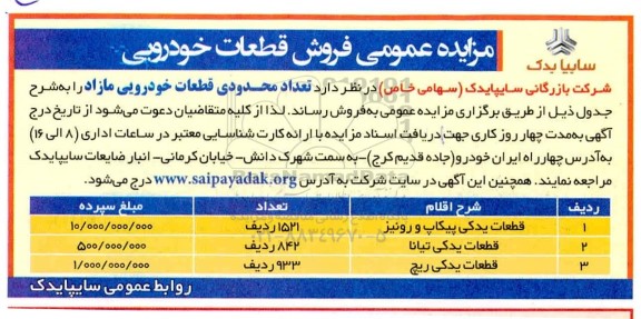 مزایده فروش قطعات خودرویی 