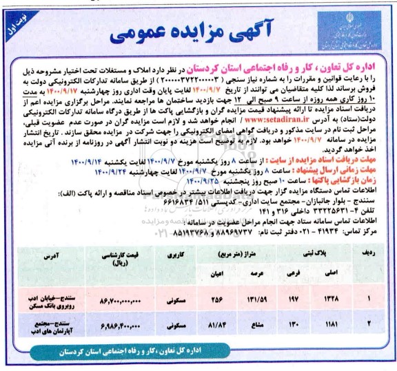 مزایده،مزایده فروش املاک و مستغلات نوبت اول 