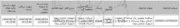 مناقصه عمومی یک مرحله ای عملیات اجرایی پروژه زیرسازی و جدولگذاری شهرک صنعتی ویان