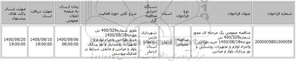 مناقصه عمومی یک مرحله ای مجوز شماره400/529 ش مورخه1400/08/18 خرید،طراحی واجراء لوازم و تجهیزات روشنایی و نور پردازی بلوار و میادین