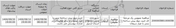 مناقصه عمومی یک مرحله ای خرید دیوار پیش ساخته بتنی با عیار سیمان  