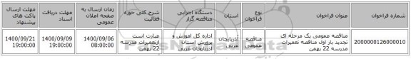 مناقصه عمومی یک مرحله ای تجدید بار اول مناقصه تعمیرات مدرسه 22 بهمن
