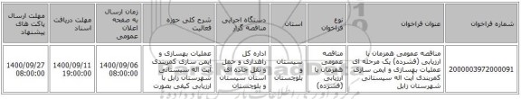 مناقصه عمومی همزمان با ارزیابی (فشرده) یک مرحله ای عملیات بهسازی و ایمن سازی کمربندی آیت اله سیستانی شهرستان زابل 