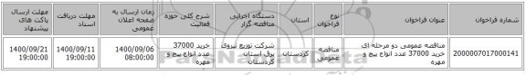 مناقصه عمومی دو مرحله ای خرید 37000 عدد انواع پیچ و مهره