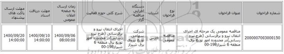 مناقصه عمومی یک مرحله ای اجرای انتقال نیرو و برقرسانی (طرح نیرو رسانی)در محدوده امور توزیع برق منطقه 6 شیراز198-00