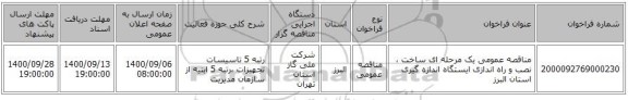 مناقصه عمومی یک مرحله ای ساخت ، نصب و راه اندازی ایستگاه اندازه گیری استان البرز