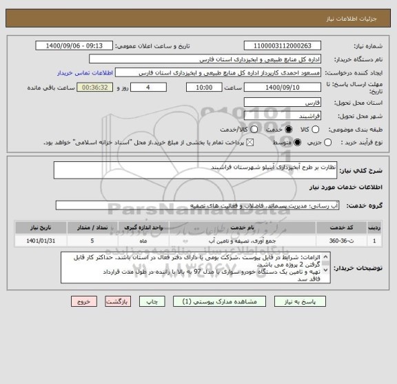 استعلام نظارت بر طرح آبخیزداری آبنیلو شهرستان فراشبند