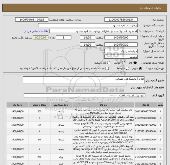 استعلام لوازم آزمایشگاهی مصرفی